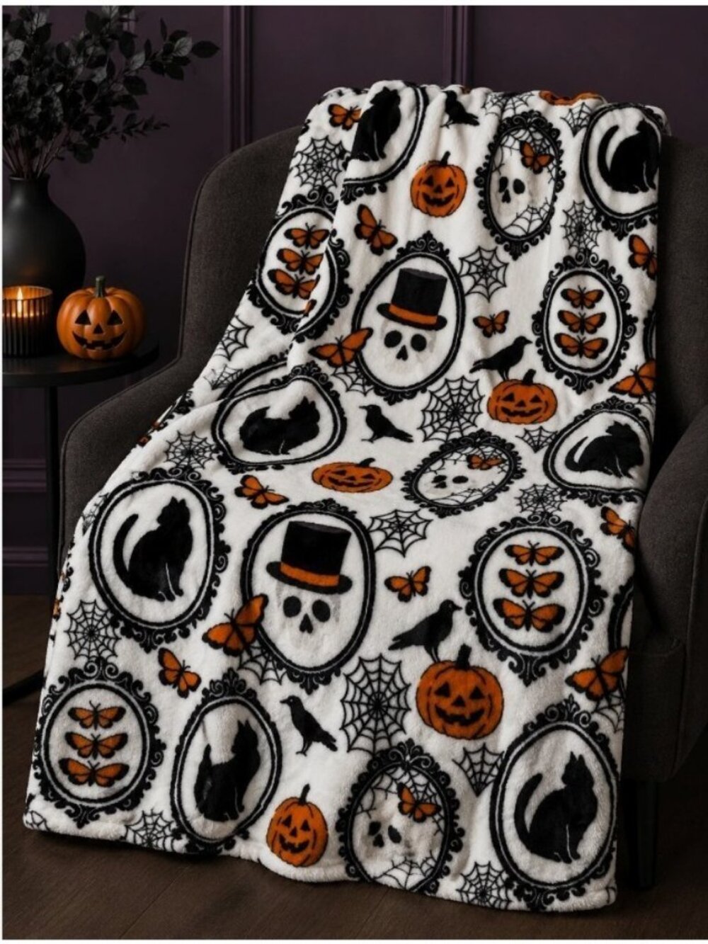 Halloween Skeleton Ghost Pumpkin Velvet Plush Throw Blanket 60x70 Soft Gothic - Picture 2 of 6